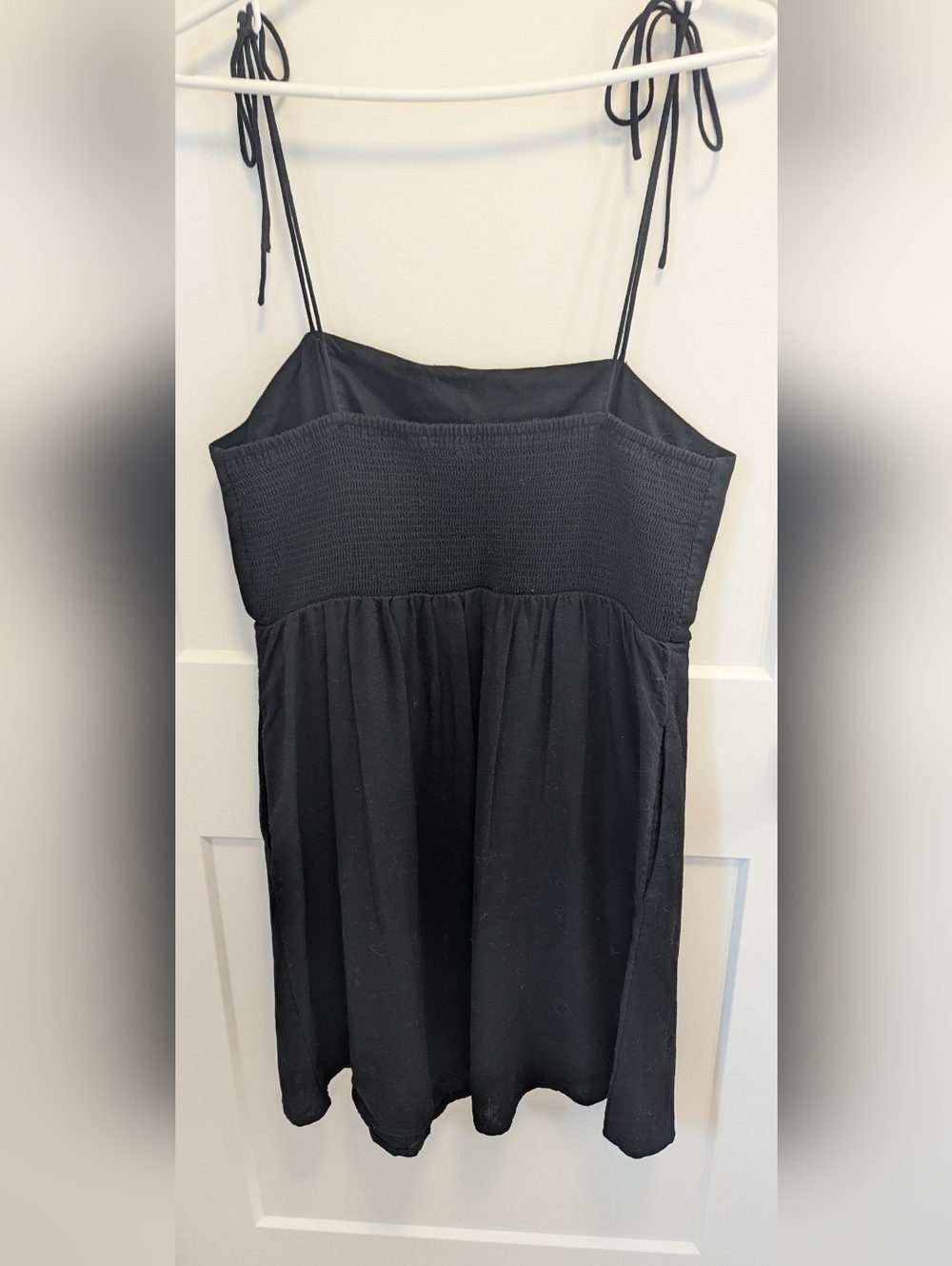 2/$20 Old Navy Black Linen Blend Tie Strap Mini Dress | Pockets | Summer - Picture 6 of 9